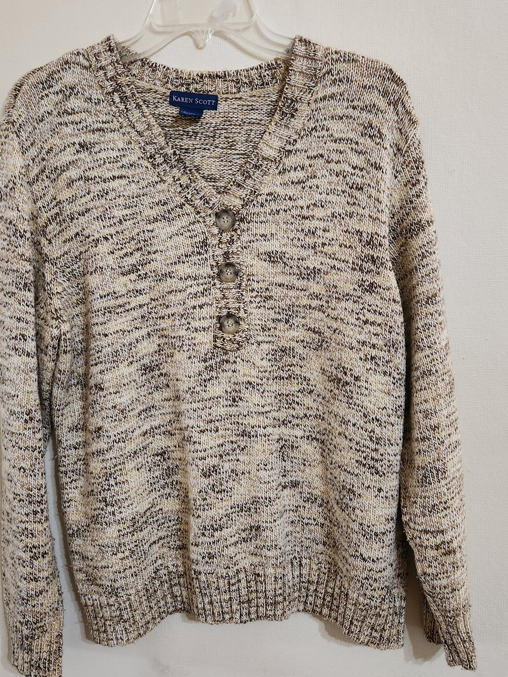 Karen Scott Marled Cream & Brown V-Neck Button Pullover